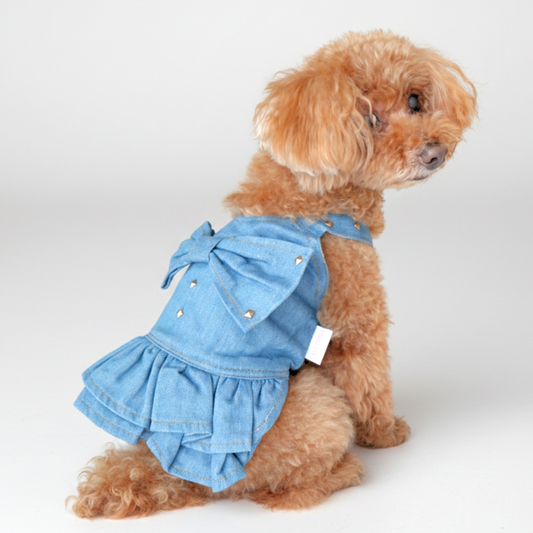 犬服 小型犬|デニム風リボンワンピース 上品スタッズ付きフリルデザイン