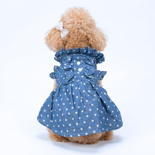 犬服 小型犬｜ドット柄フリルデニムワンピース