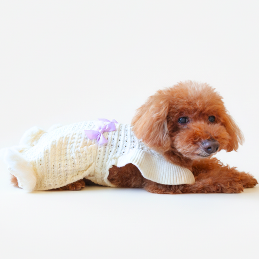 犬服 小型犬｜リボンデザイン ニットフリルワンピース（ホワイト）
