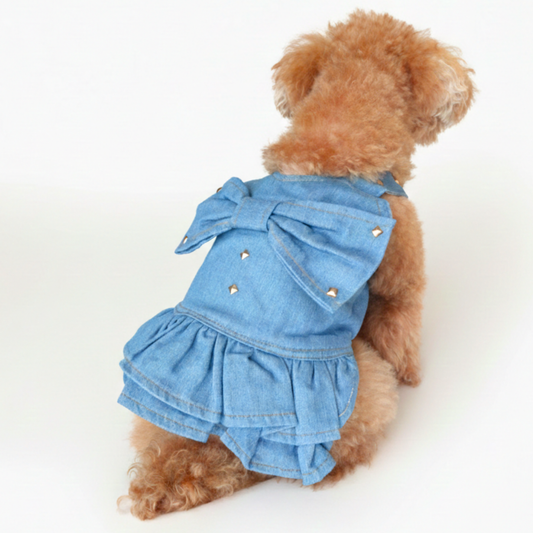 犬服 小型犬｜デニム風リボンワンピース 上品スタッズ付きフリルデザイン
