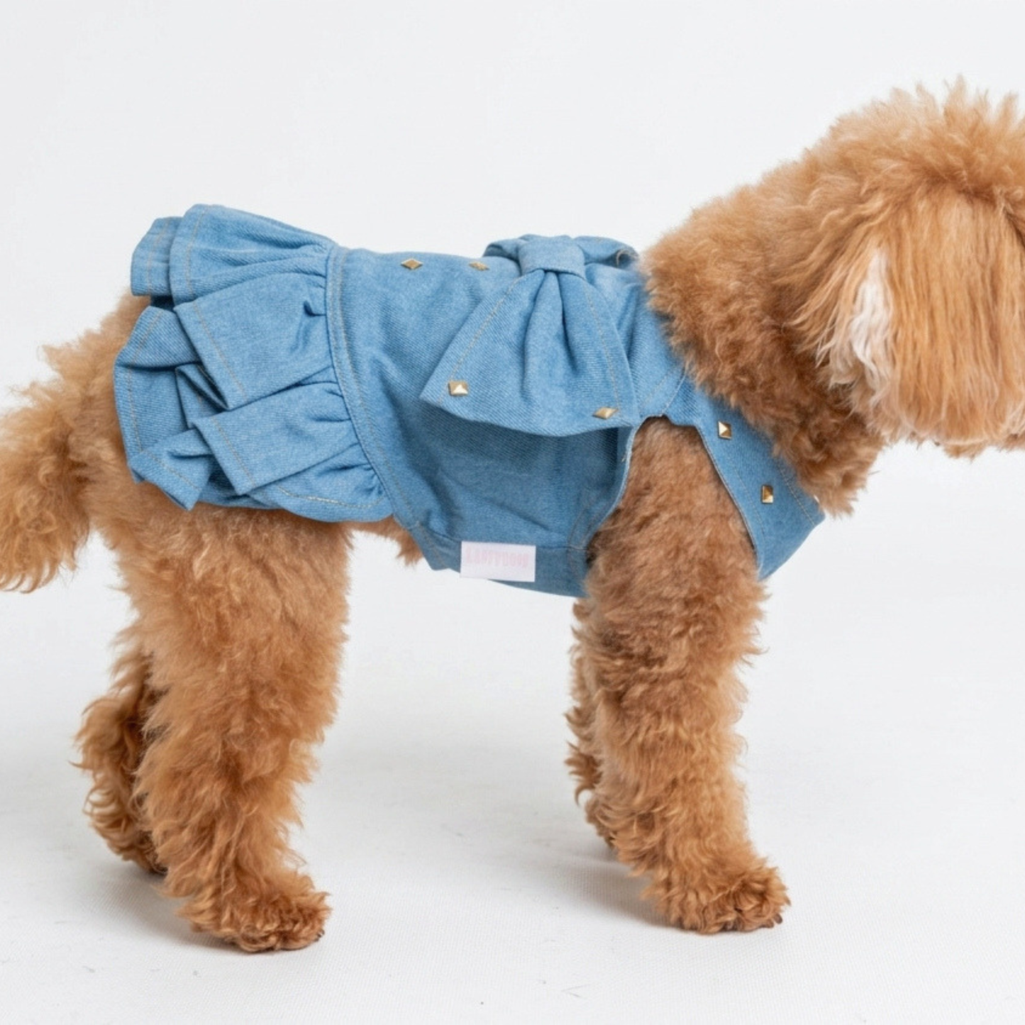 犬服 小型犬｜デニム風リボンワンピース 上品スタッズ付きフリルデザイン
