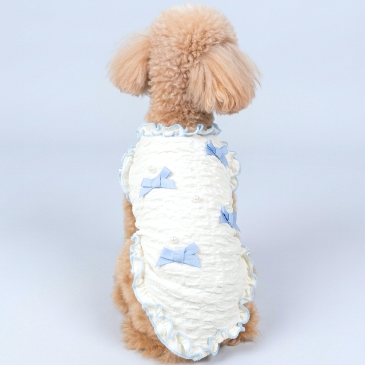 犬服 小型犬｜パールリボンフリルワンピース 上品ブルーリボンデザイン